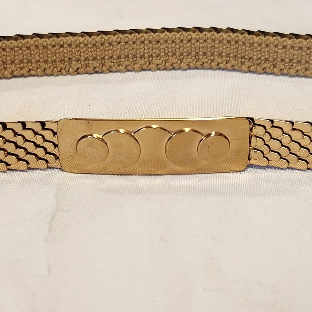 Vintage Fish Scales Belt 70s Gold Tone Stretch Elastic Hook Buckle Small 19.5 in